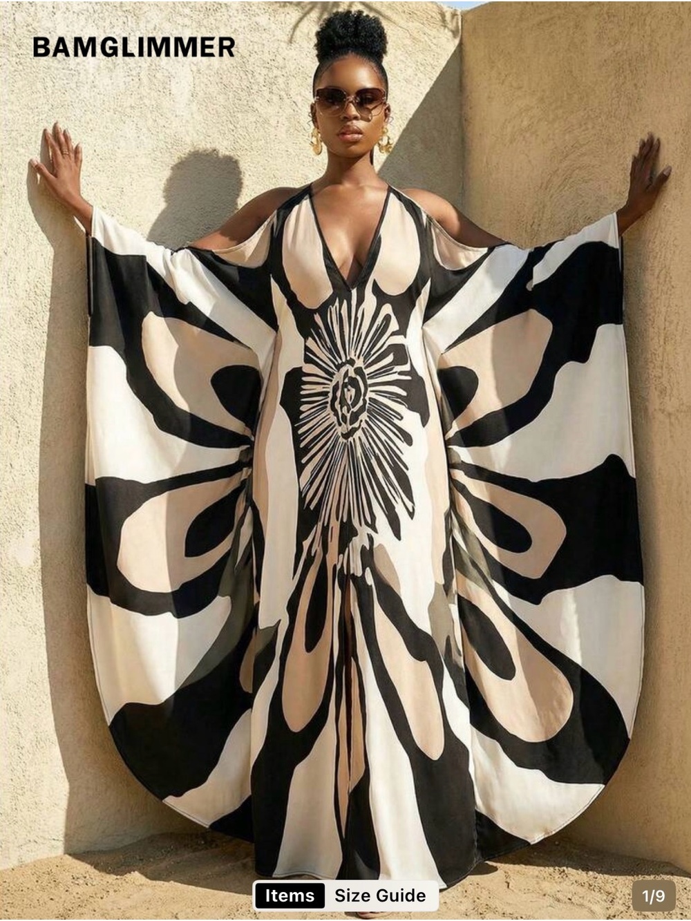 SHEIN Black & Cream Floral Sunburst V-Neck Maxi Dress